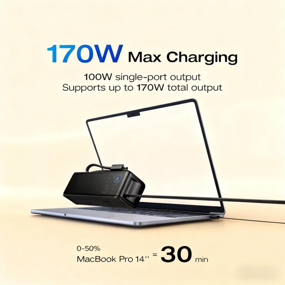 170W Portable Power Bank with Dual Built-in Cables
