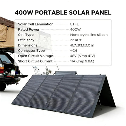 Portable 400W Solar Charger, Foldable Design with Stand, IP68 All-Weather Proof for Power Anywhere.